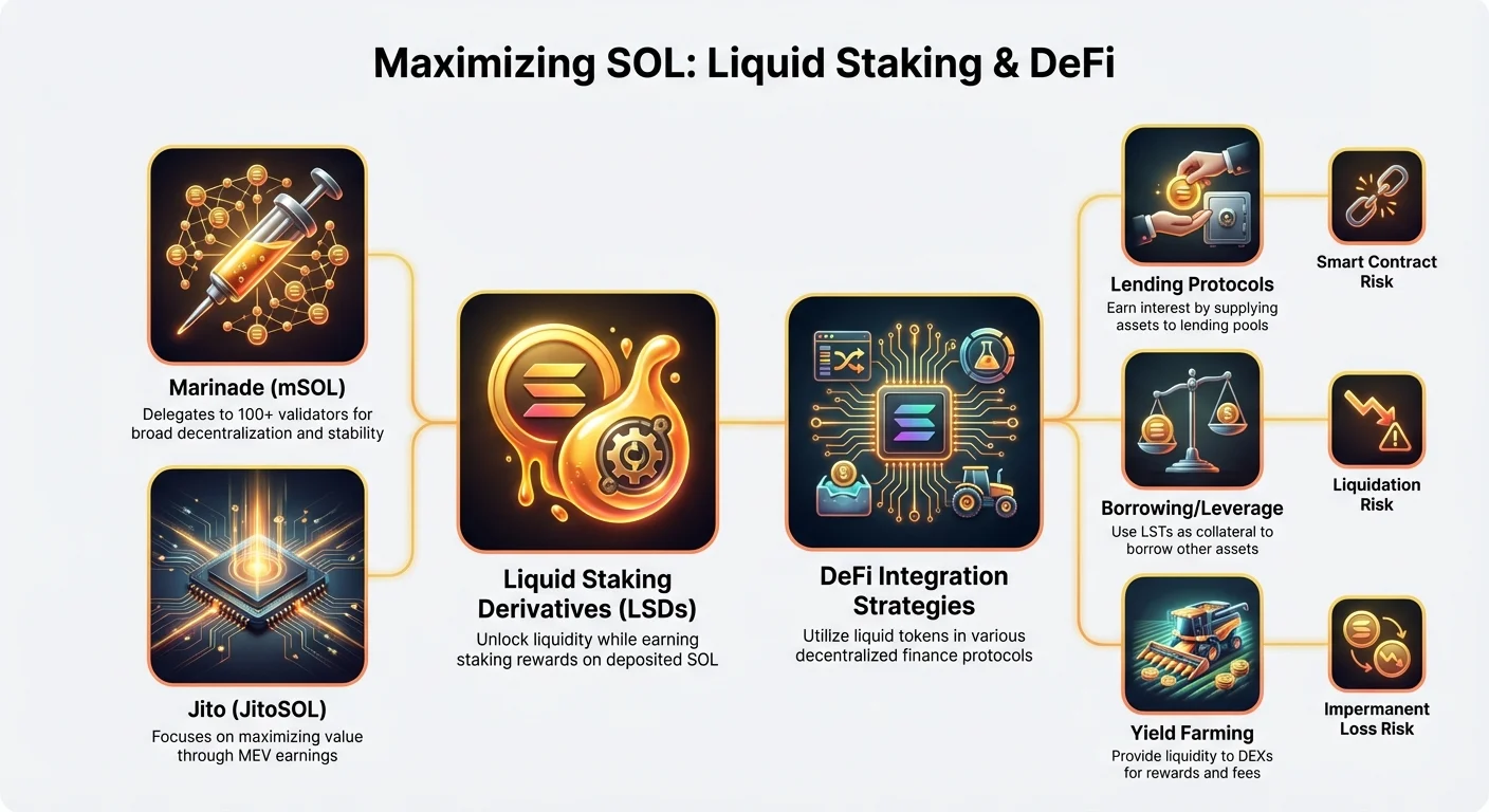 Infographic detailing Solana liquid staking derivatives like Marinade and Jito, with DeFi strategies for lending, borrowing, yield farming, and risks including smart contracts, liquidation, and impermanent loss.