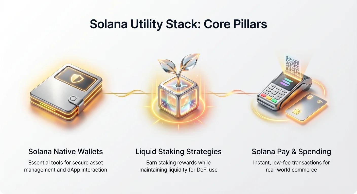 Infographic showing three core pillars of Solana utility stack: native wallets for secure asset management, liquid staking strategies for rewards with liquidity, and Solana Pay for low-fee transactions.