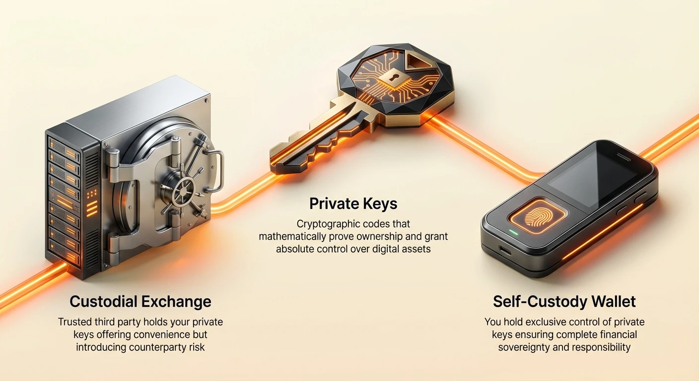 Infographic diagram showing private keys as the central pivot between custodial exchanges, where third parties hold keys, and self-custody wallets for user-controlled financial sovereignty.
