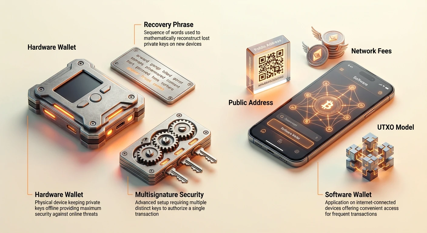 Infographic comparing hardware (cold) and software (hot) wallets for crypto self-custody, with recovery phrases, multisig security, public addresses, fees, and UTXO model.