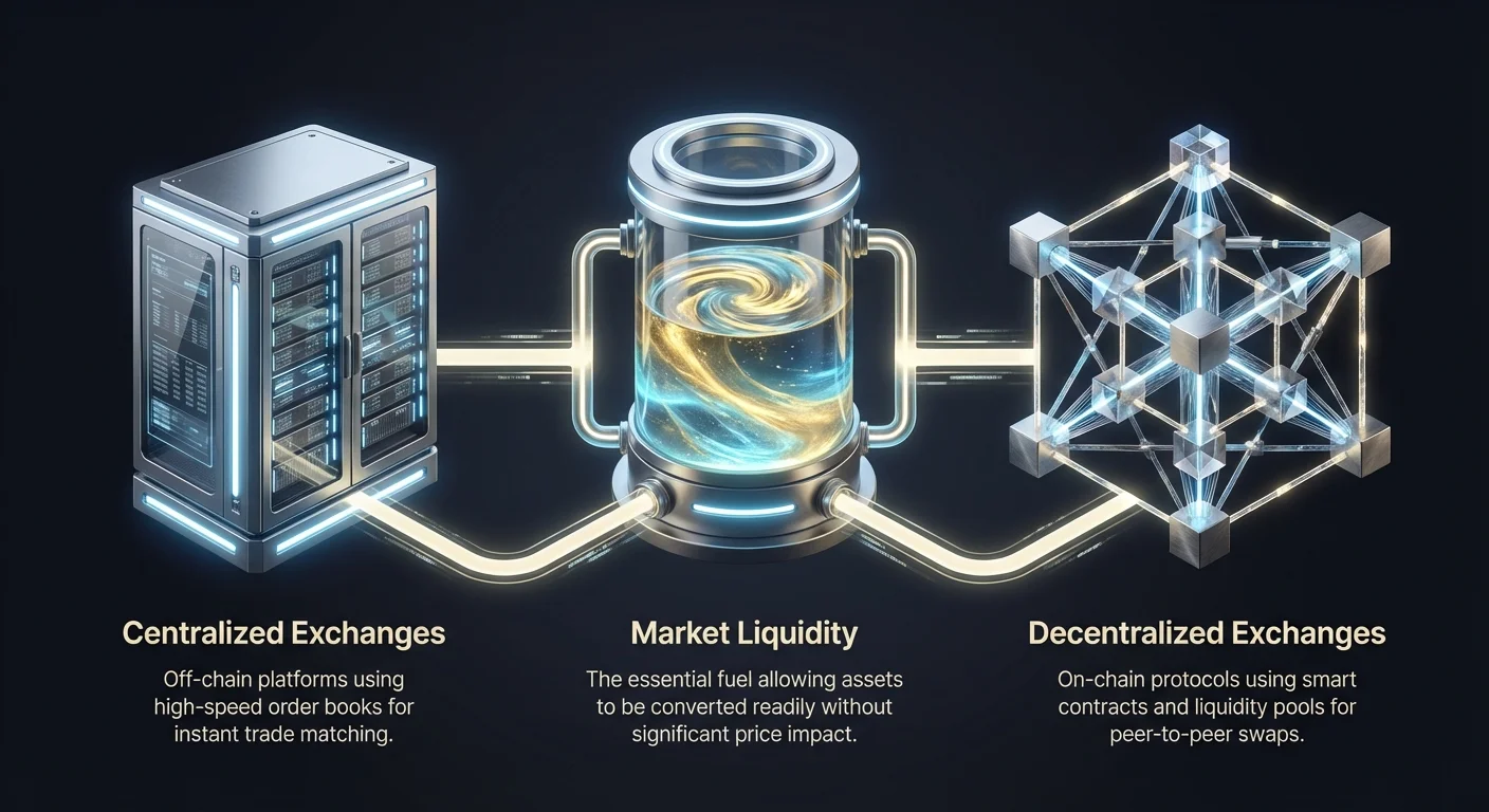 Infographic overview of centralized exchanges with off-chain order books for instant matching, decentralized exchanges using on-chain liquidity pools for swaps, and market liquidity enabling price-stable conversions.