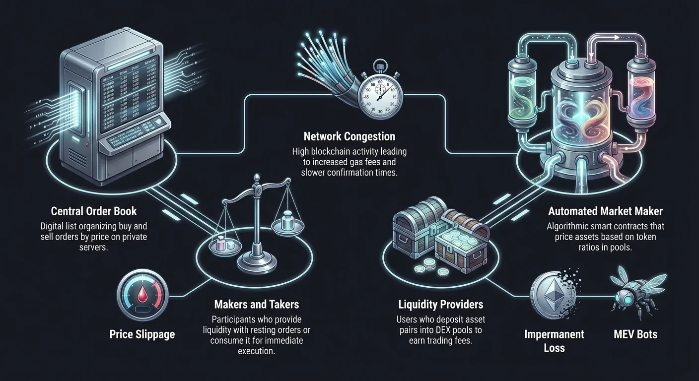 Infographic split-comparing centralized exchange order books and decentralized automated market makers, with makers, takers, liquidity providers, network congestion, and risks like slippage, impermanent loss, MEV bots.