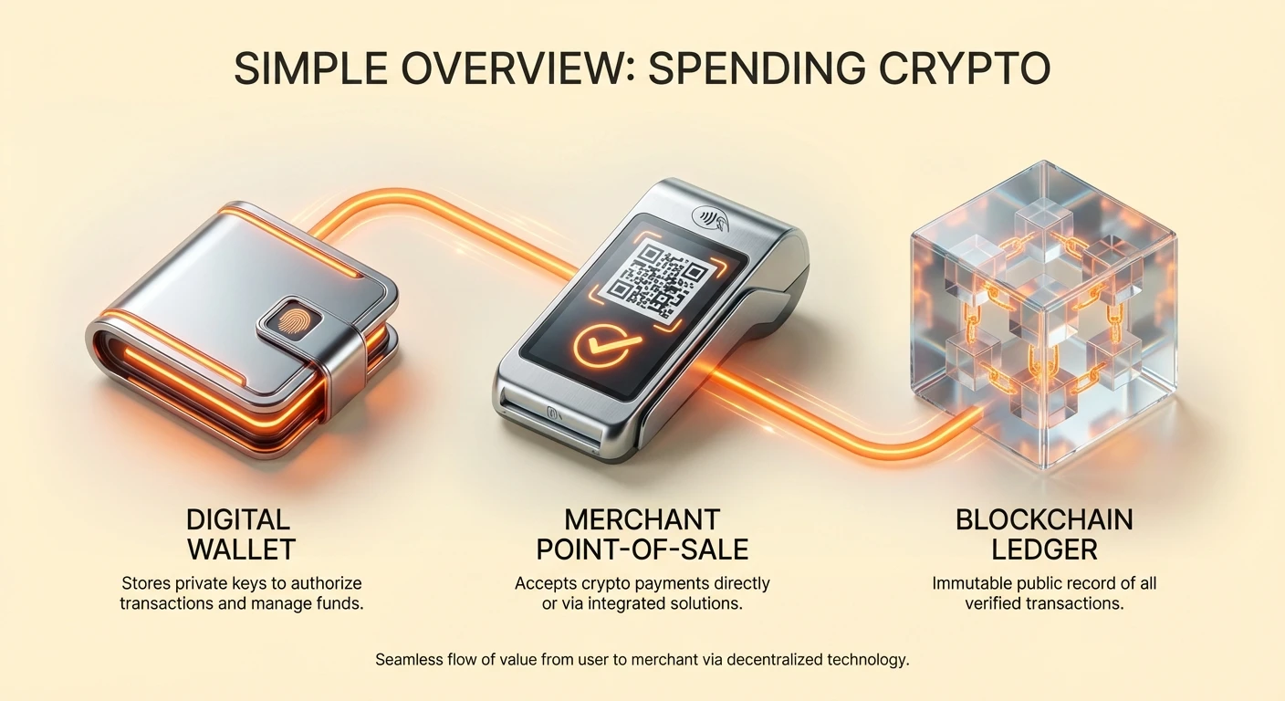 Simplified high-level infographic of spending cryptocurrency from user wallet to merchant point-of-sale, secured by blockchain.