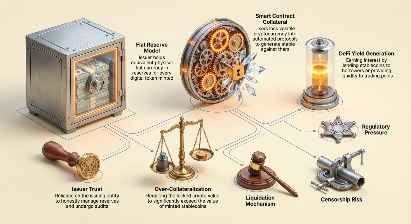 Infographic comparing centralized fiat reserve stablecoins with decentralized smart contract collateral models, including issuer trust, over-collateralization, DeFi yields, and risks like censorship and regulation.