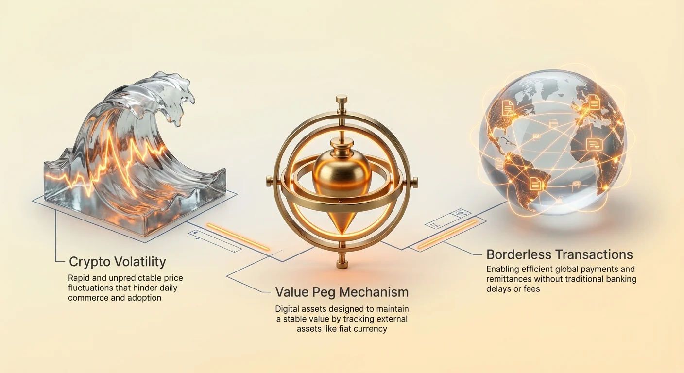 Infographic flowchart from left to right: Crypto Volatility with fluctuating prices hindering commerce, Value Peg Mechanism tracking fiat for stability, leading to Borderless Transactions enabling fast global payments.