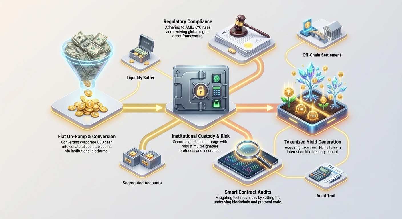 Infographic illustrating the full corporate stablecoin treasury process: from fiat conversion and custody, through compliance, to tokenized T-Bills for yield and capital preservation.