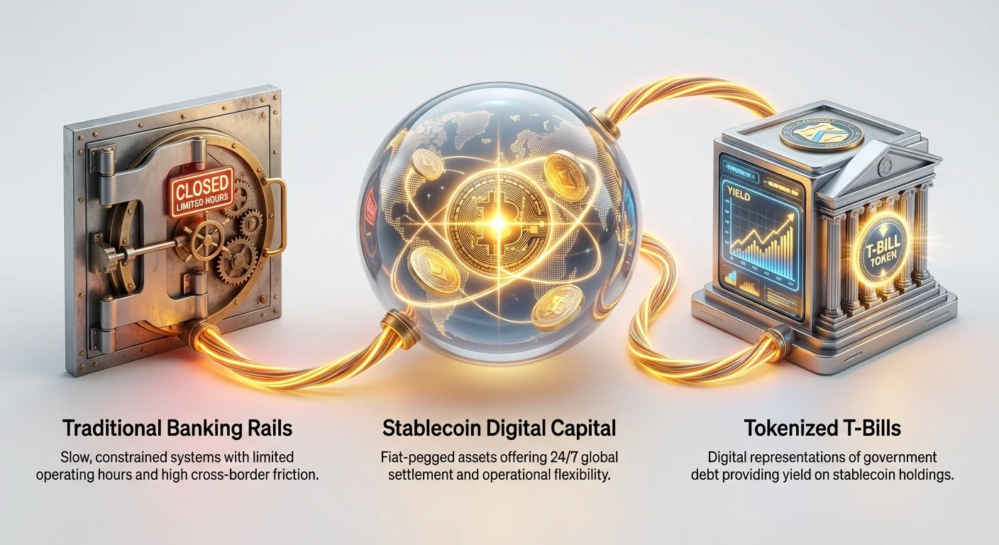 High-level infographic illustrating the shift from traditional banking constraints to stablecoins and tokenized treasury bills for effective corporate capital preservation and management.