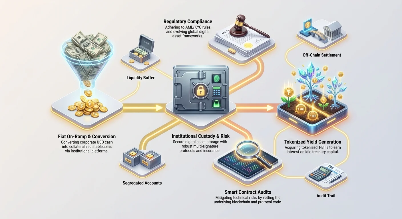 Infographic illustrating the full corporate stablecoin treasury process: from fiat conversion and custody, through compliance, to tokenized T-Bills for yield and capital preservation.