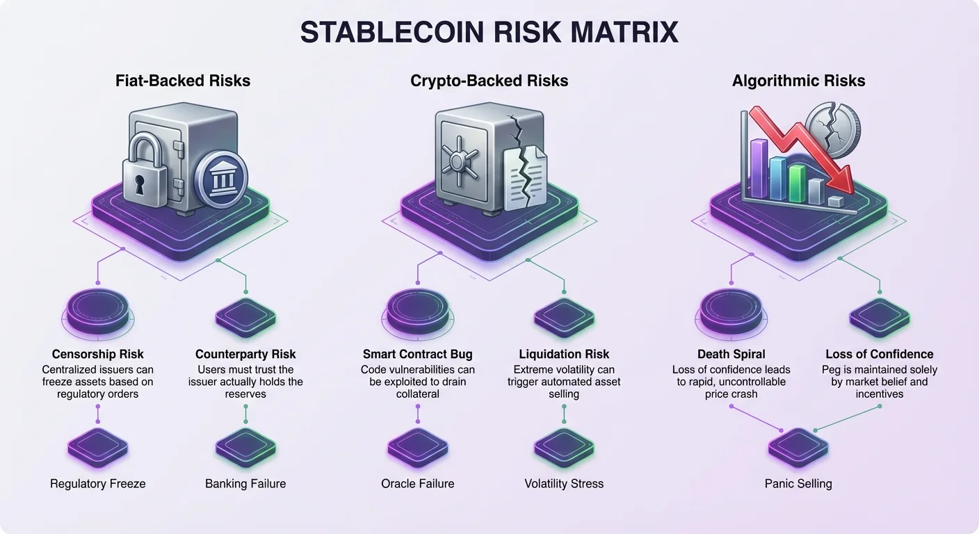 Detailed infographic matrix comparing risks of fiat-backed, crypto-backed, and algorithmic stablecoins, highlighting censorship, counterparty, smart contract bugs, liquidation, death spiral, and confidence loss.
