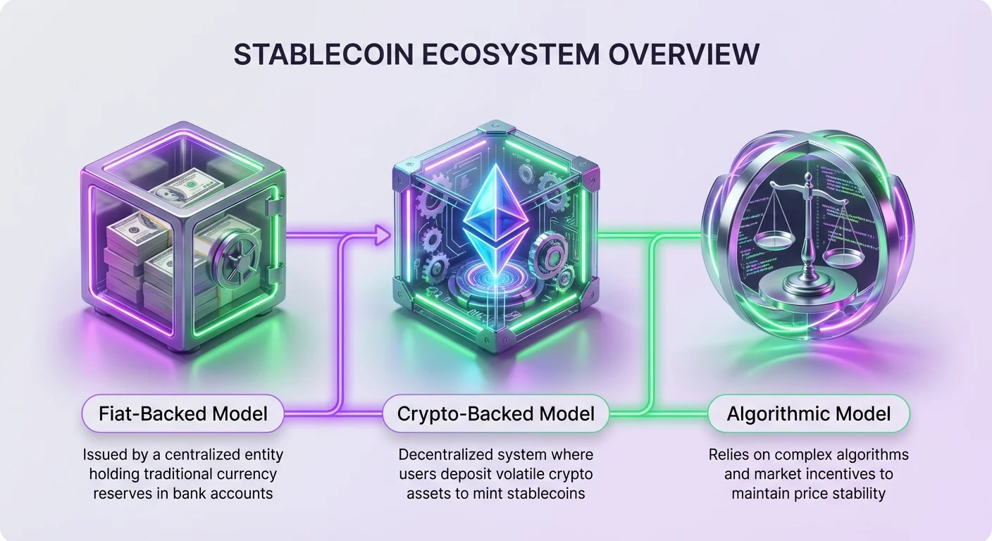 Simple overview infographic of three stablecoin models: fiat-backed by centralized currency reserves, crypto-backed by deposited volatile assets, and algorithmic using market incentives.