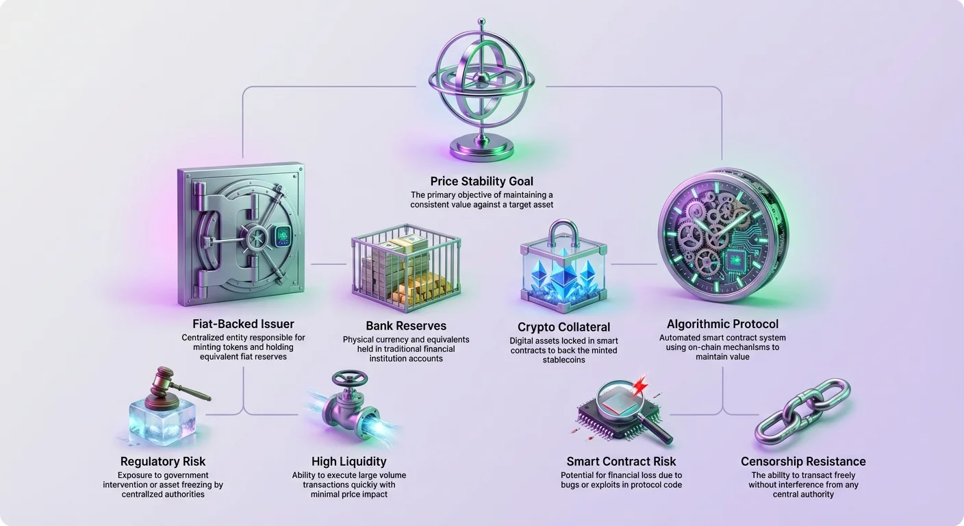 Infographic split-view comparing fiat-backed stablecoins (issuer, bank reserves, liquidity, regulatory risk) and decentralized ones (algorithmic protocol, crypto collateral, smart contract risk, censorship resistance), linked to central price stability goal.