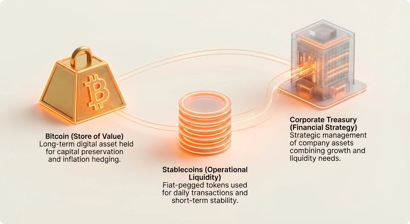 Simple infographic overview of Bitcoin as long-term store of value for capital preservation, stablecoins for operational liquidity in daily transactions, and their role in corporate treasury strategy.