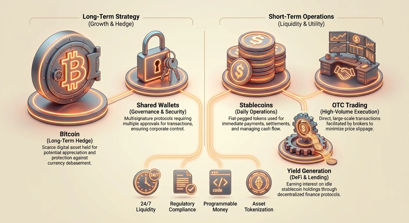 Detailed infographic comparing Bitcoin as long-term hedge and stablecoins for daily operations, highlighting shared wallets, OTC trading, yield generation, plus 24/7 liquidity, compliance, programmable money, and tokenization.