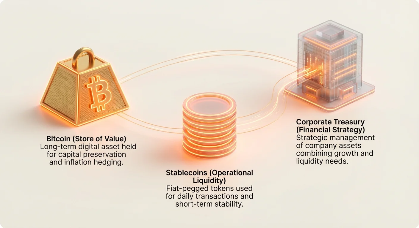 Simple infographic overview of Bitcoin as long-term store of value for capital preservation, stablecoins for operational liquidity in daily transactions, and their role in corporate treasury strategy.