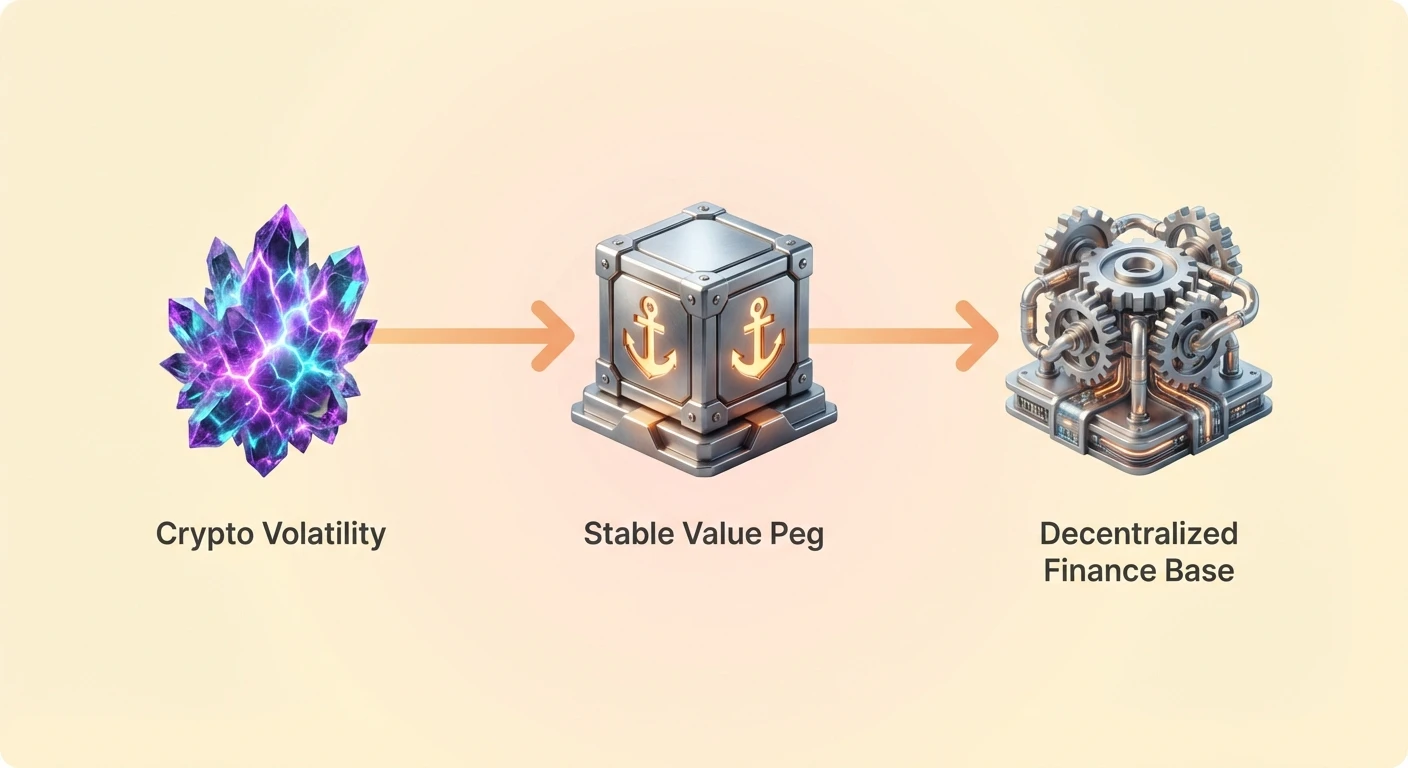 Hero infographic introducing stablecoins as a solution to crypto volatility, acting as a peg for stable decentralized finance foundation.