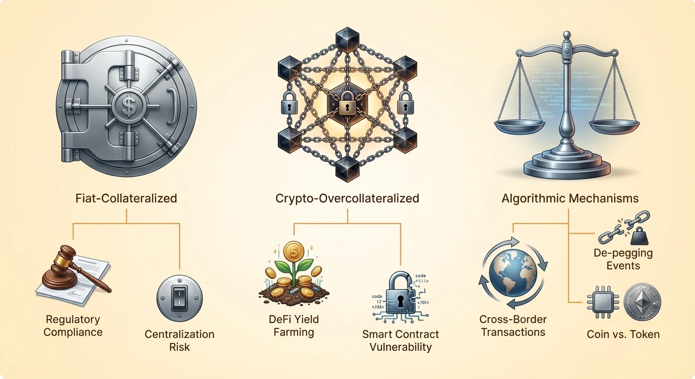 Detailed infographic diagram breaking down three primary stablecoin categories, comparing backing mechanisms, associated risks, and key utilities.