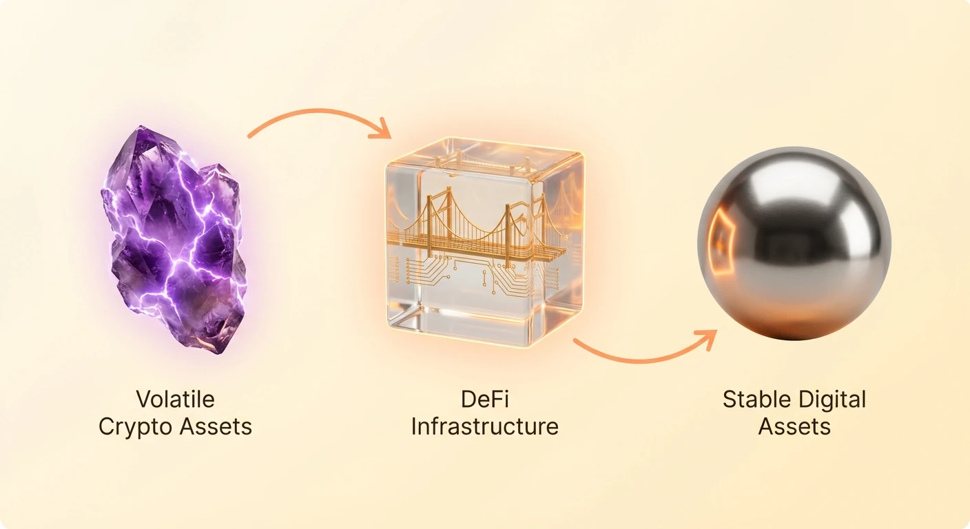 Infographic showing volatile crypto assets as jagged glowing amethyst crystal passing through DeFi infrastructure glass circuit bridge to polished metallic stable digital assets on pale cream gradient.