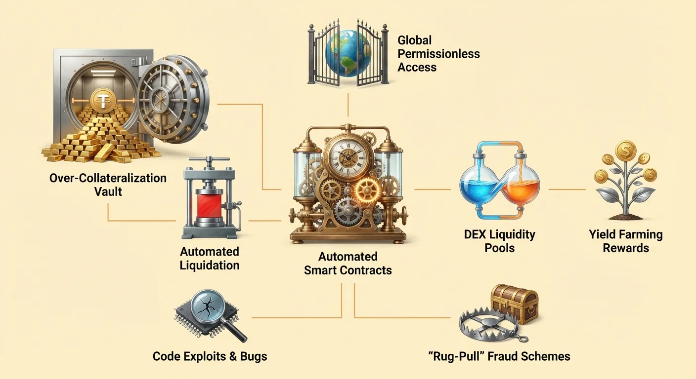 Infographic diagram of stablecoins in DeFi ecosystem, highlighting automated smart contracts, over-collateralization vaults, DEX liquidity pools, yield farming, liquidation, permissionless access, and risks like code bugs and rug pulls.