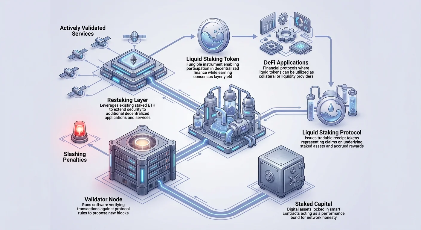 Infographic depicting flow of staked capital to validator nodes, liquid staking protocols issuing tokens for DeFi, and restaking layer securing actively validated services with slashing penalties.