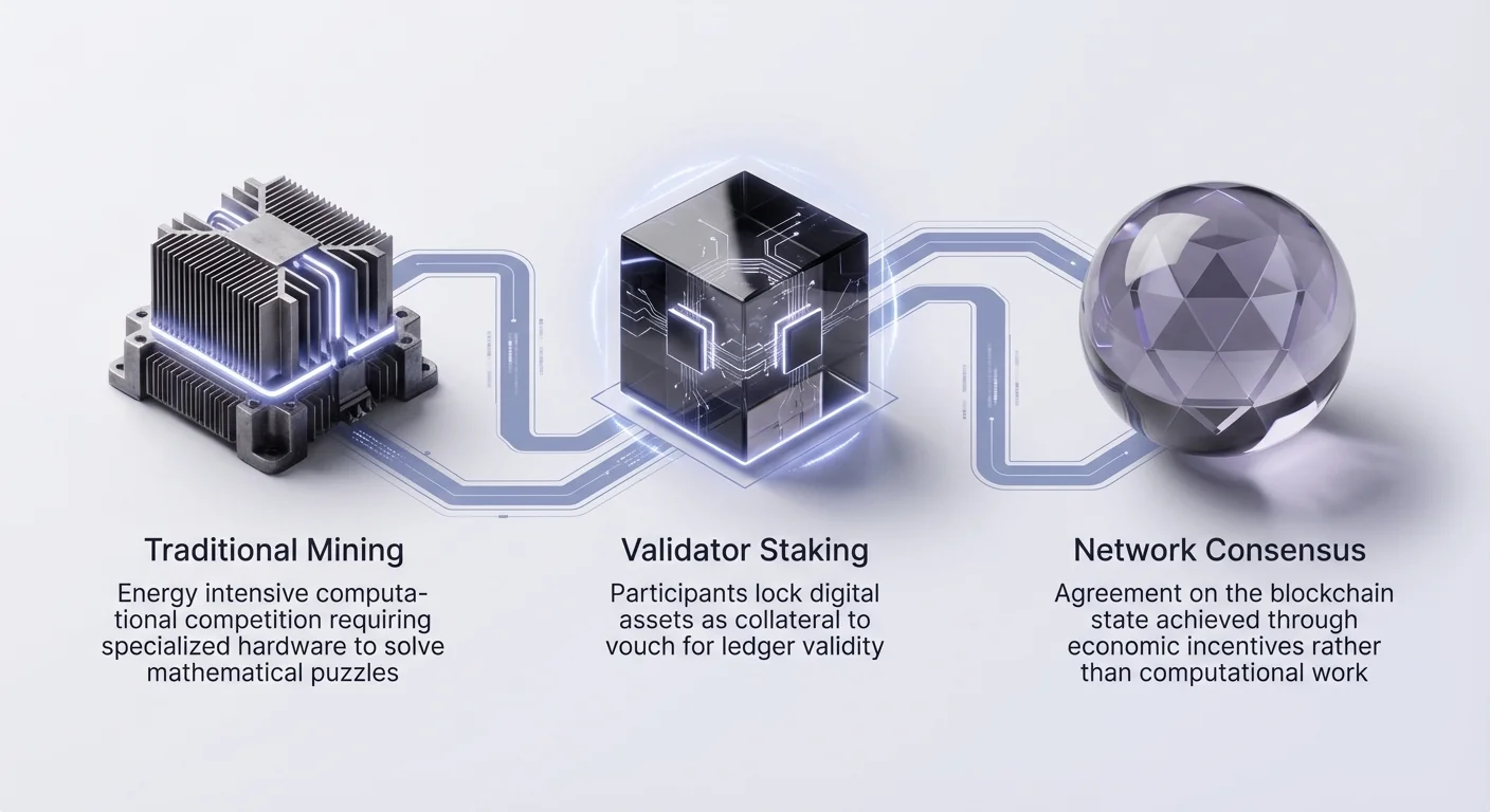 Infographic showing transition from energy-intensive traditional mining to validator staking, where participants lock assets as collateral to achieve network consensus through economic incentives.