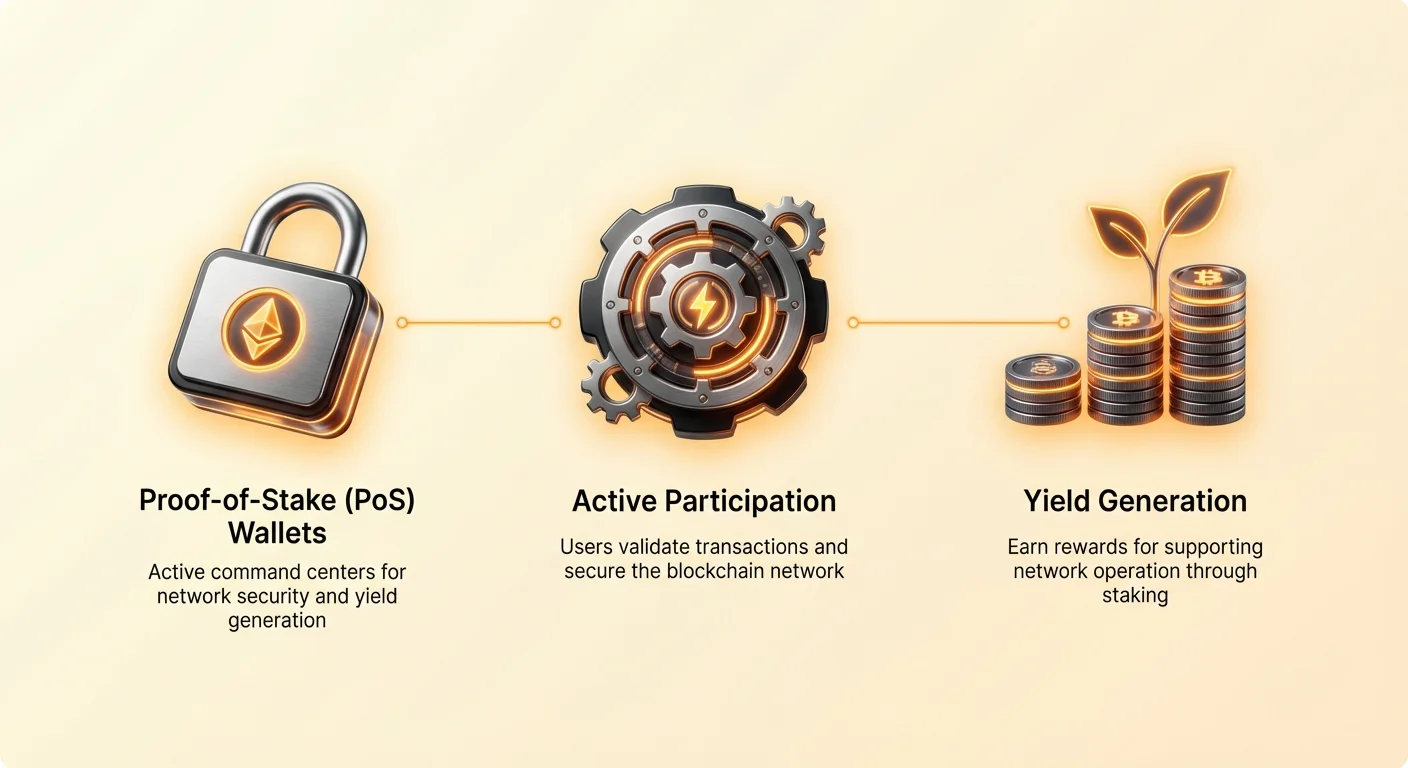 High-level infographic summarizing core concepts of modern staking crypto wallets, focusing on their purpose and key functions.