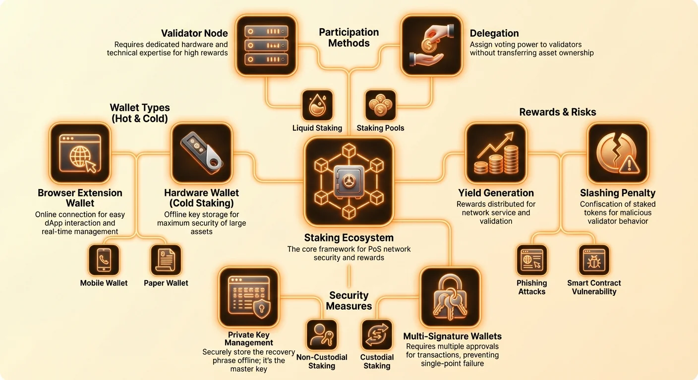 Hub-and-spoke infographic detailing staking ecosystem with wallet types, participation methods, risks, and security measures for crypto staking wallets.