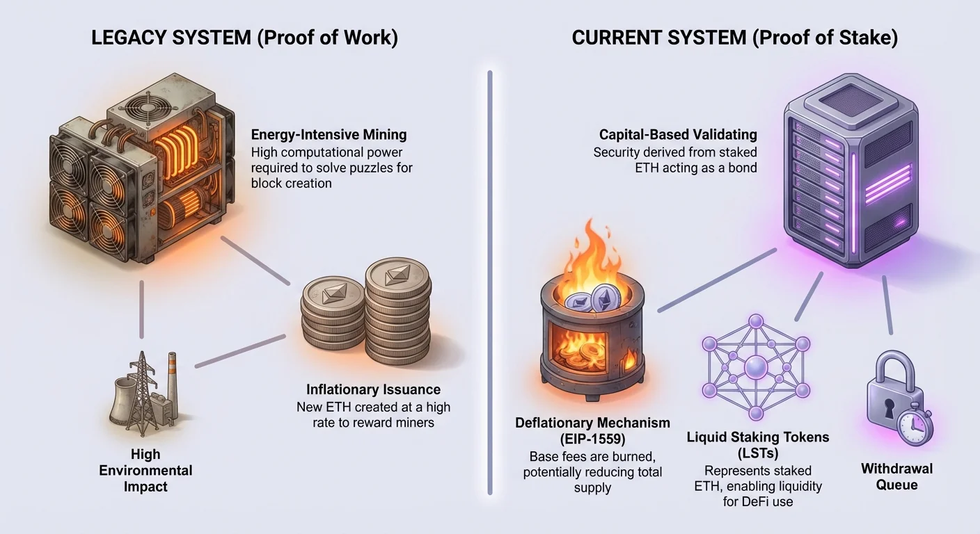 Detailed infographic comparing Ethereum's Proof of Work (energy-intensive mining, inflationary issuance, high environmental impact) to Proof of Stake (capital-based validating, deflationary EIP-1559, liquid staking tokens, withdrawal queue).