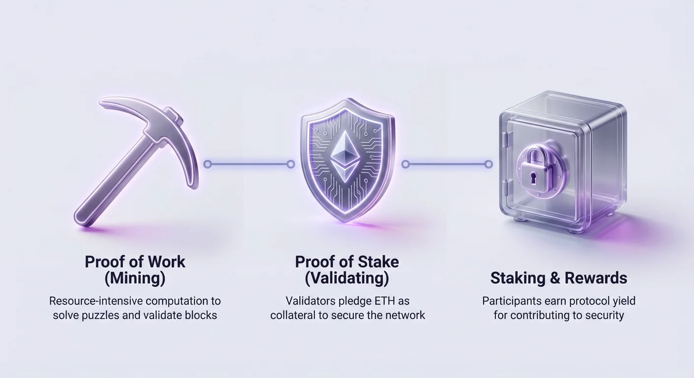 Simple overview infographic contrasting resource-intensive Proof of Work mining with Proof of Stake validating, where users stake ETH for network security and earn rewards.