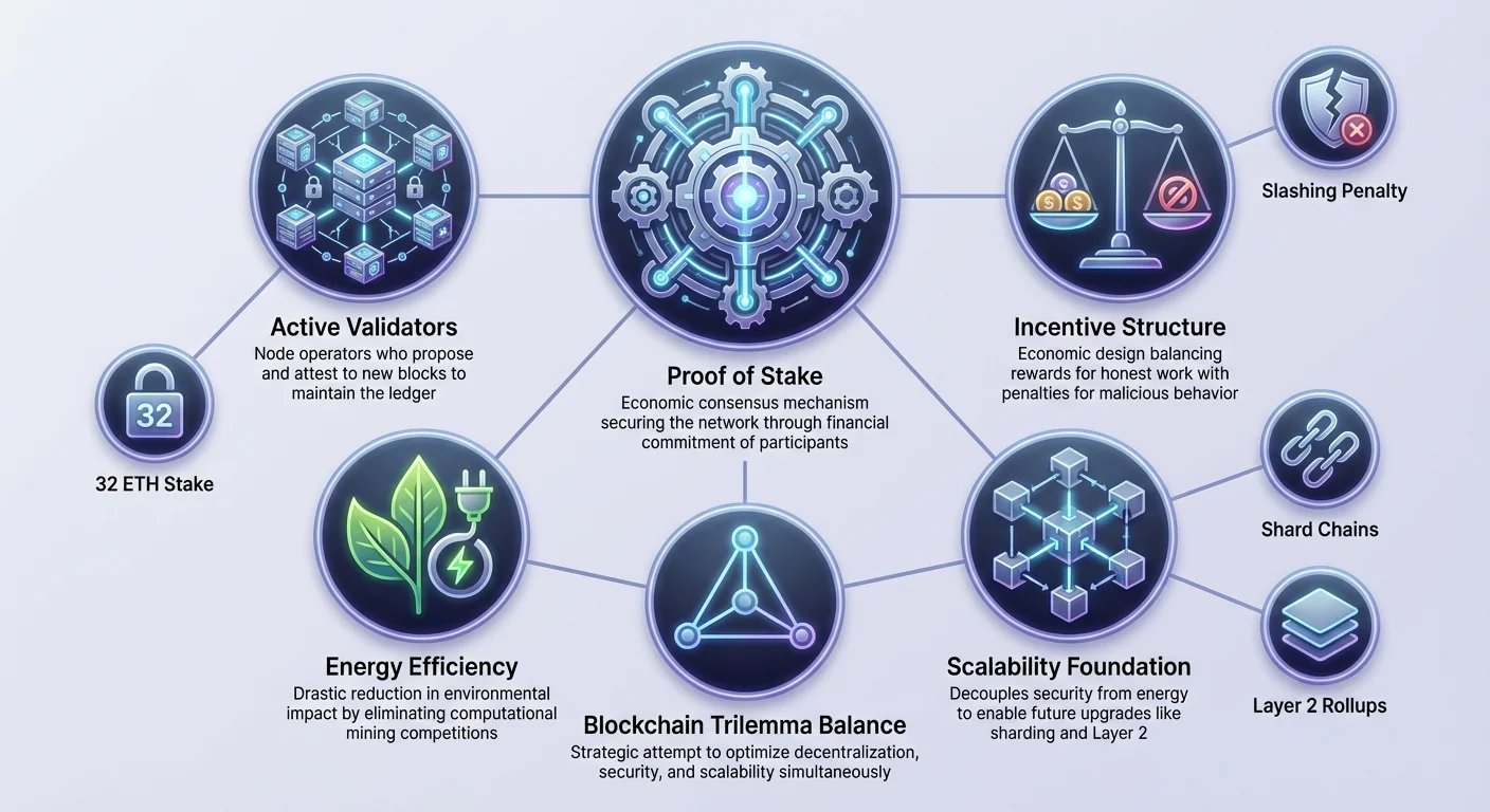 Detailed infographic of Ethereum Proof of Stake ecosystem using hub-and-spoke layout, showing consensus mechanism, validators, incentives, energy efficiency, and blockchain trilemma solution.