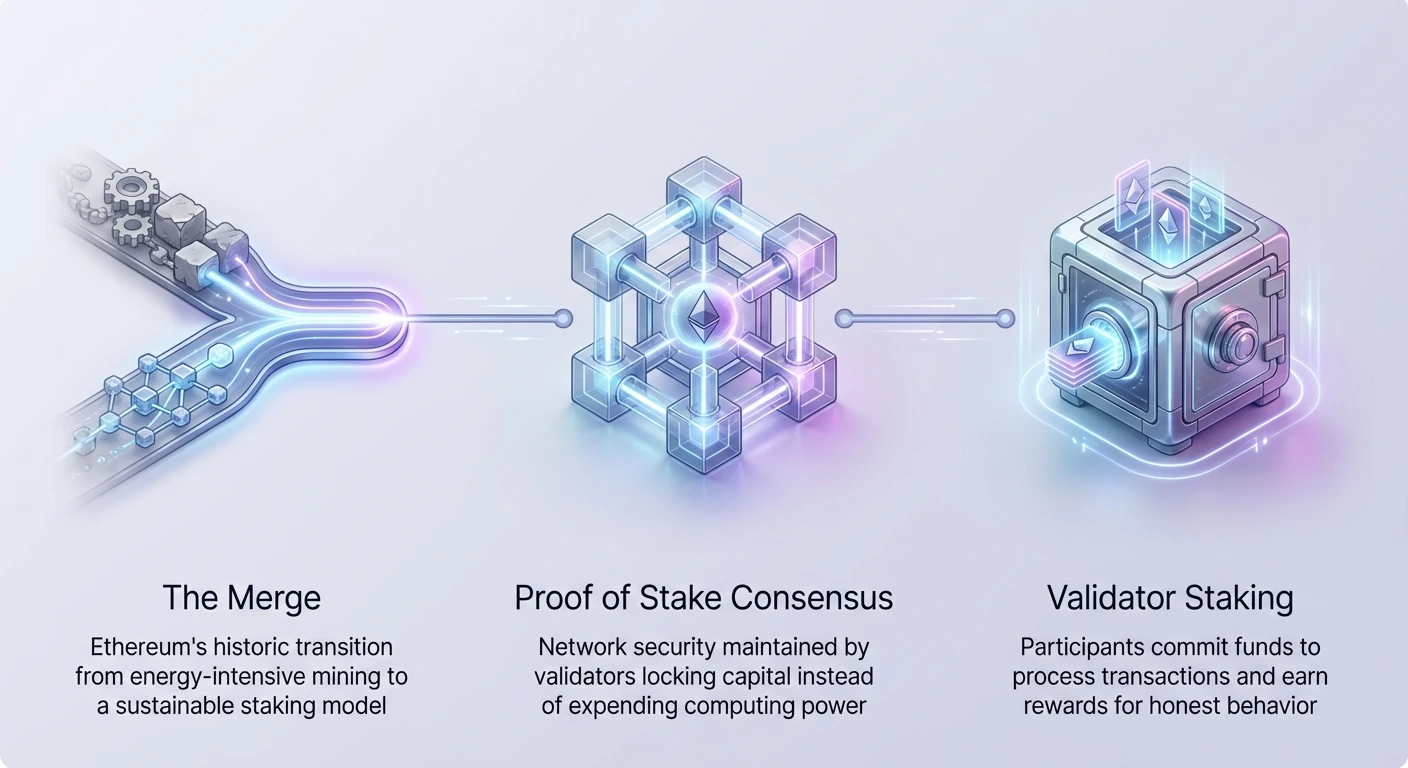 Infographic overview of Ethereum's transition from The Merge event to Proof of Stake, emphasizing validator staking's role in the new system.