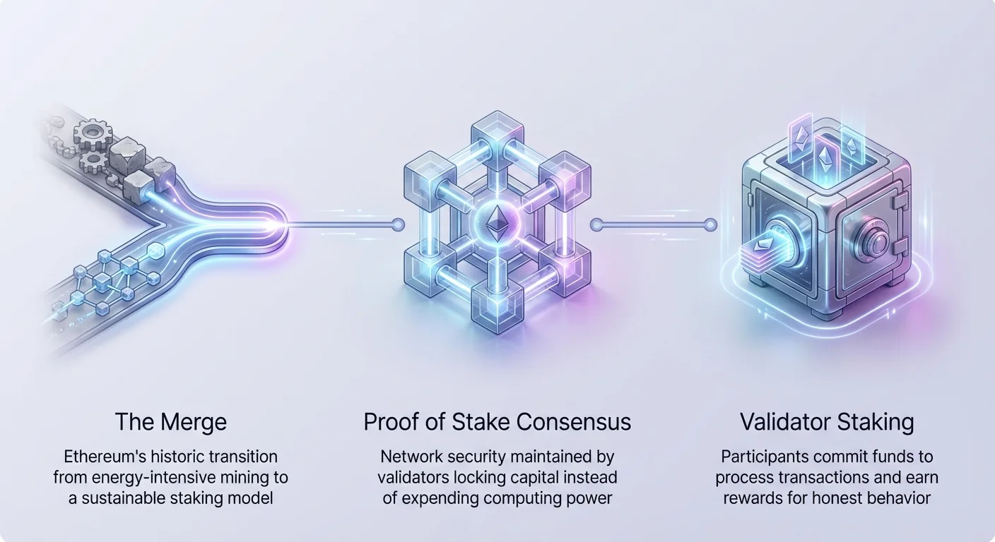 Infographic overview of Ethereum's transition from The Merge event to Proof of Stake, emphasizing validator staking's role in the new system.