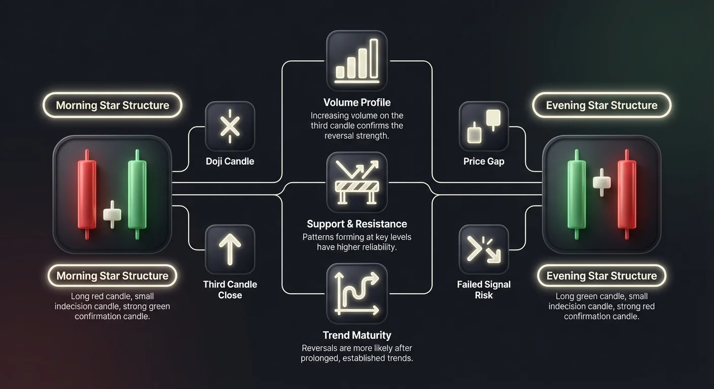 Detailed infographic comparing Morning Star and Evening Star candlestick patterns in a cluster layout, highlighting structures on sides and central validation factors like volume, support, resistance, and trend maturity.