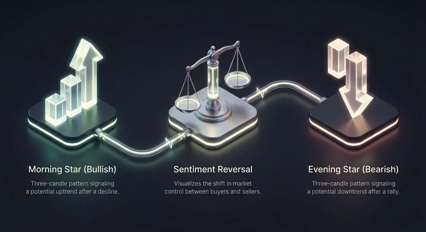 High-level infographic summary of Morning and Evening Star patterns, using connected nodes to illustrate sentiment reversal and psychological implications with clear labels.