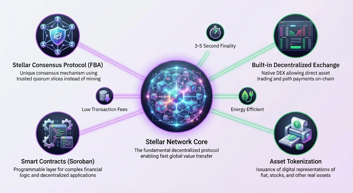 Detailed hub-and-spoke infographic of Stellar ecosystem: central network core connects to consensus protocol, DEX, Soroban smart contracts, asset tokenization, low fees, fast finality, energy efficient.