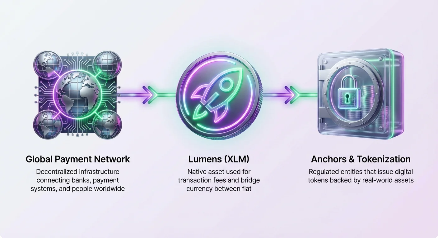Infographic showing Stellar's core elements: Global Payment Network linking banks and people worldwide, Lumens (XLM) for fees and bridging fiat, and Anchors issuing tokens for real-world assets.