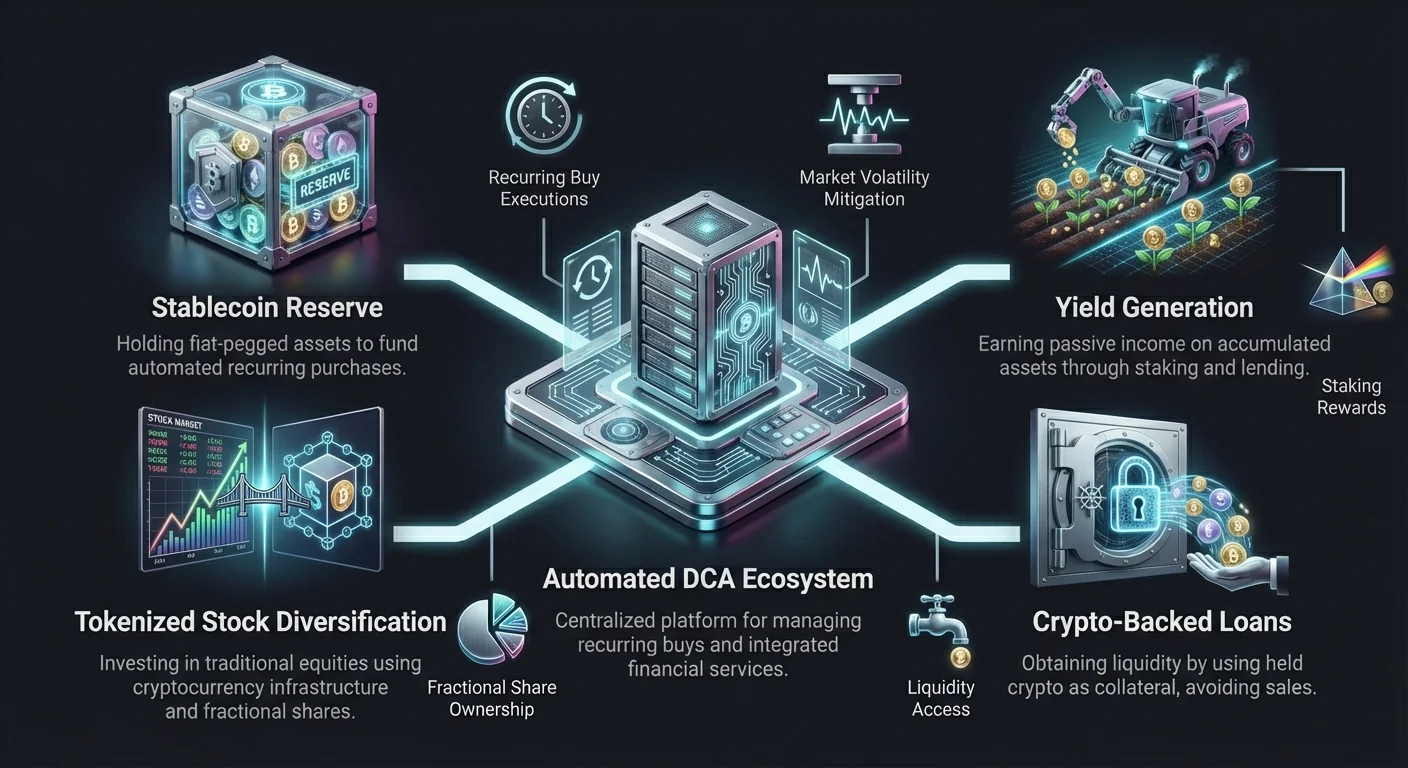 Detailed infographic with hub-and-spoke layout visualizing Automated DCA Ecosystem, integrating yield generation, crypto-backed loans, and tokenized stock diversification for advanced strategies.