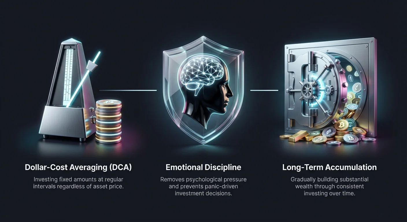 High-level infographic summarizing Dollar-Cost Averaging core concepts with three photorealistic icons connected by a simple flow, illustrating the strategy's fundamental pillars.