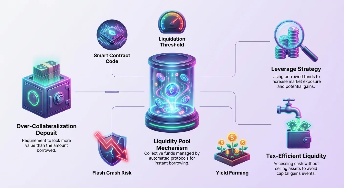 Detailed infographic of DeFi borrowing ecosystem: central liquidity pool mechanism, over-collateralization deposits, leverage strategy, tax-efficient liquidity, plus risks like flash crashes and yield farming.