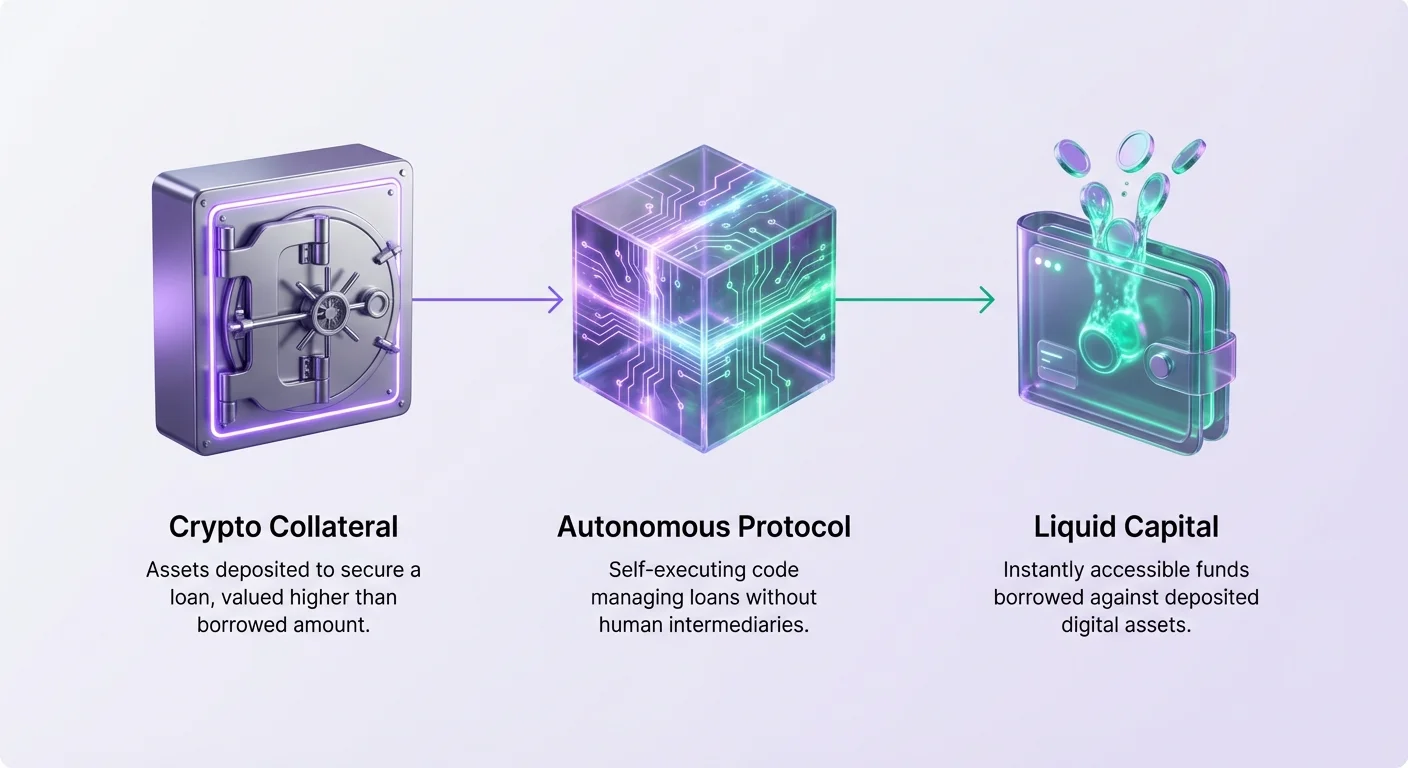 Simple infographic illustrating three steps of DeFi crypto borrowing: deposit collateral, autonomous protocol interaction, and receive liquid capital with clean icons.
