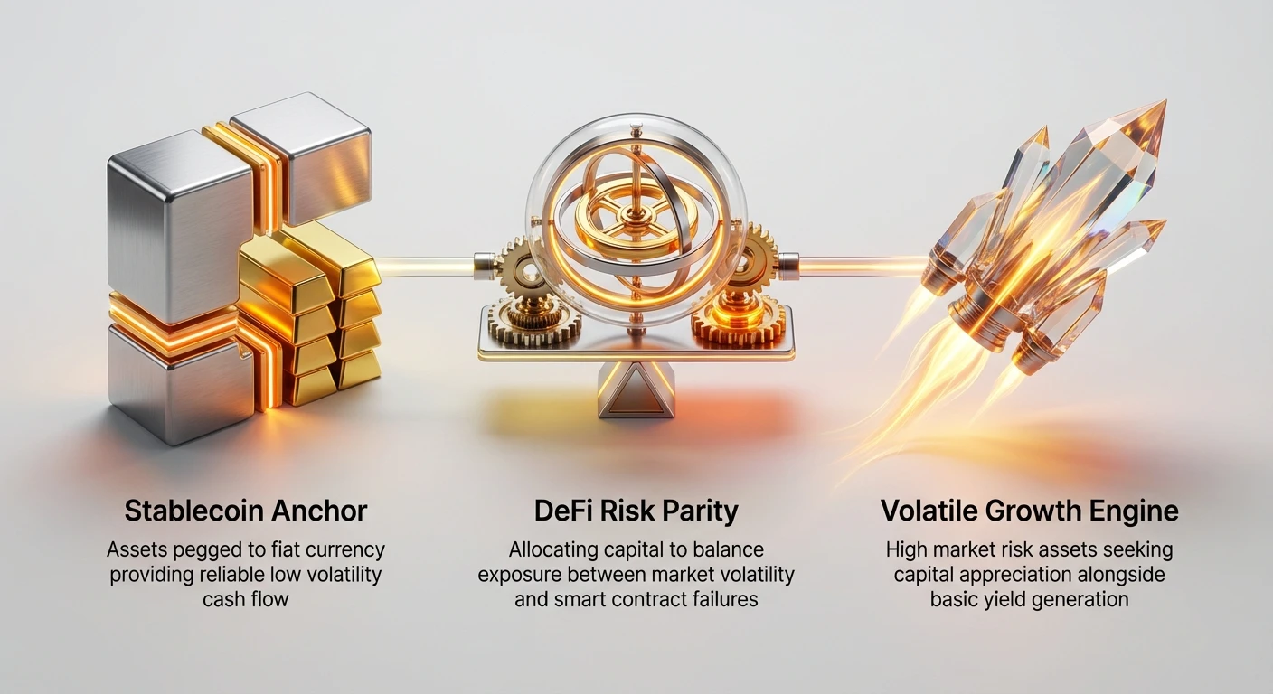 Infographic illustrating DeFi portfolio balancing act with Stablecoin Anchor for low-volatility cash flow, Volatile Growth Engine for high-risk appreciation, and DeFi Risk Parity for balanced volatility and contract risks.
