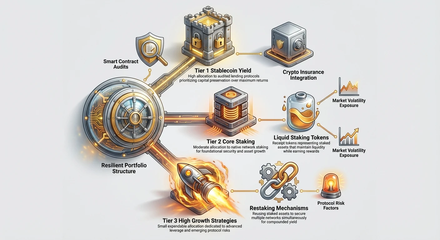 Infographic depicting resilient DeFi portfolio with Tier 1 Stablecoin Yield, Tier 2 Core Staking, Tier 3 High Growth Strategies, plus liquid staking tokens, restaking, audits, insurance, and risk factors.