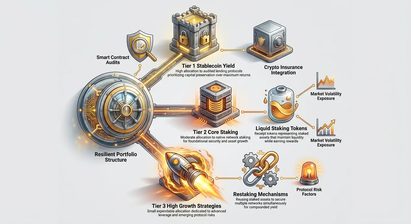 Infographic depicting resilient DeFi portfolio with Tier 1 Stablecoin Yield, Tier 2 Core Staking, Tier 3 High Growth Strategies, plus liquid staking tokens, restaking, audits, insurance, and risk factors.