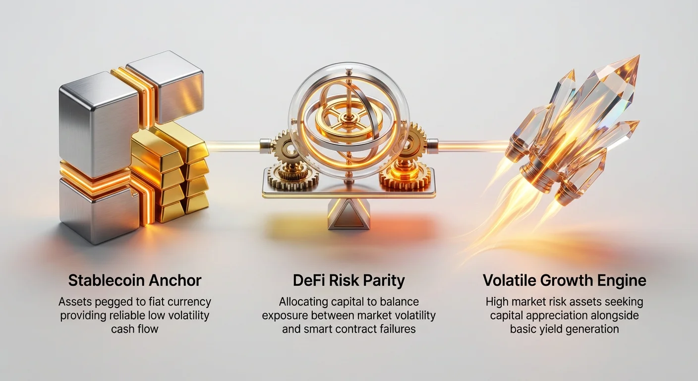 Infographic illustrating DeFi portfolio balancing act with Stablecoin Anchor for low-volatility cash flow, Volatile Growth Engine for high-risk appreciation, and DeFi Risk Parity for balanced volatility and contract risks.