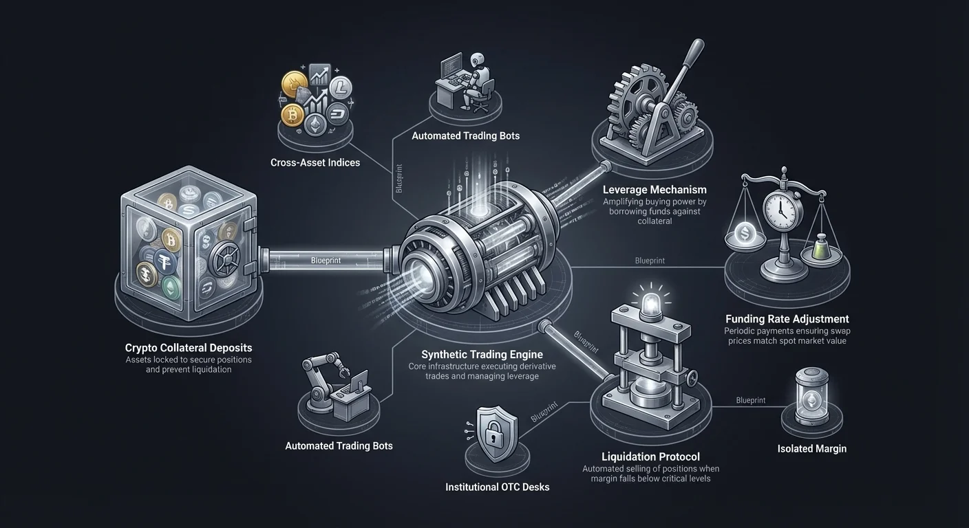 Hub-and-spoke infographic of synthetic trading engine with collateral deposits, leverage, funding rates, liquidation, cross-asset indices, trading bots, OTC desks, and isolated margin.