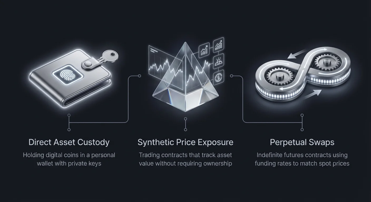 Infographic contrasting direct crypto asset custody in wallets with synthetic price exposure and perpetual swaps that track values without ownership.