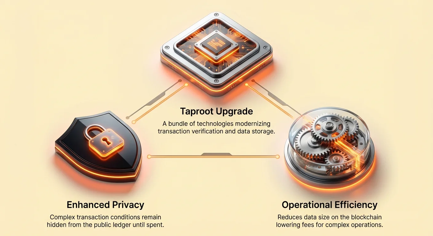 Infographic overview of Bitcoin Taproot upgrade: technologies modernizing transaction verification and storage, enhanced privacy hiding complex conditions until spent, and efficiency reducing blockchain data size and fees.