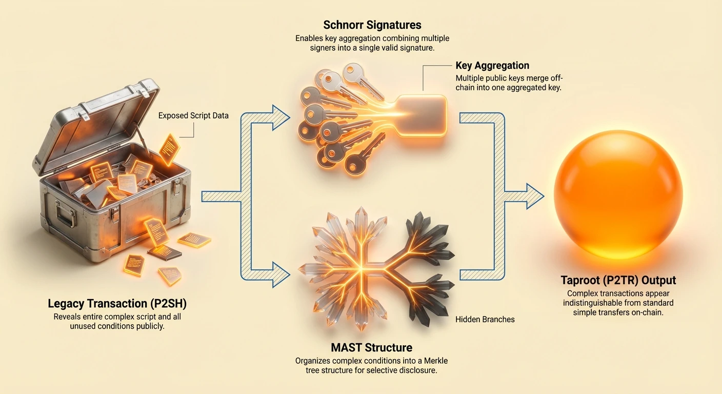 Infographic contrasting legacy P2SH transactions exposing complex scripts with Taproot's Schnorr key aggregation and MAST hidden branches, converging to uniform P2TR outputs.