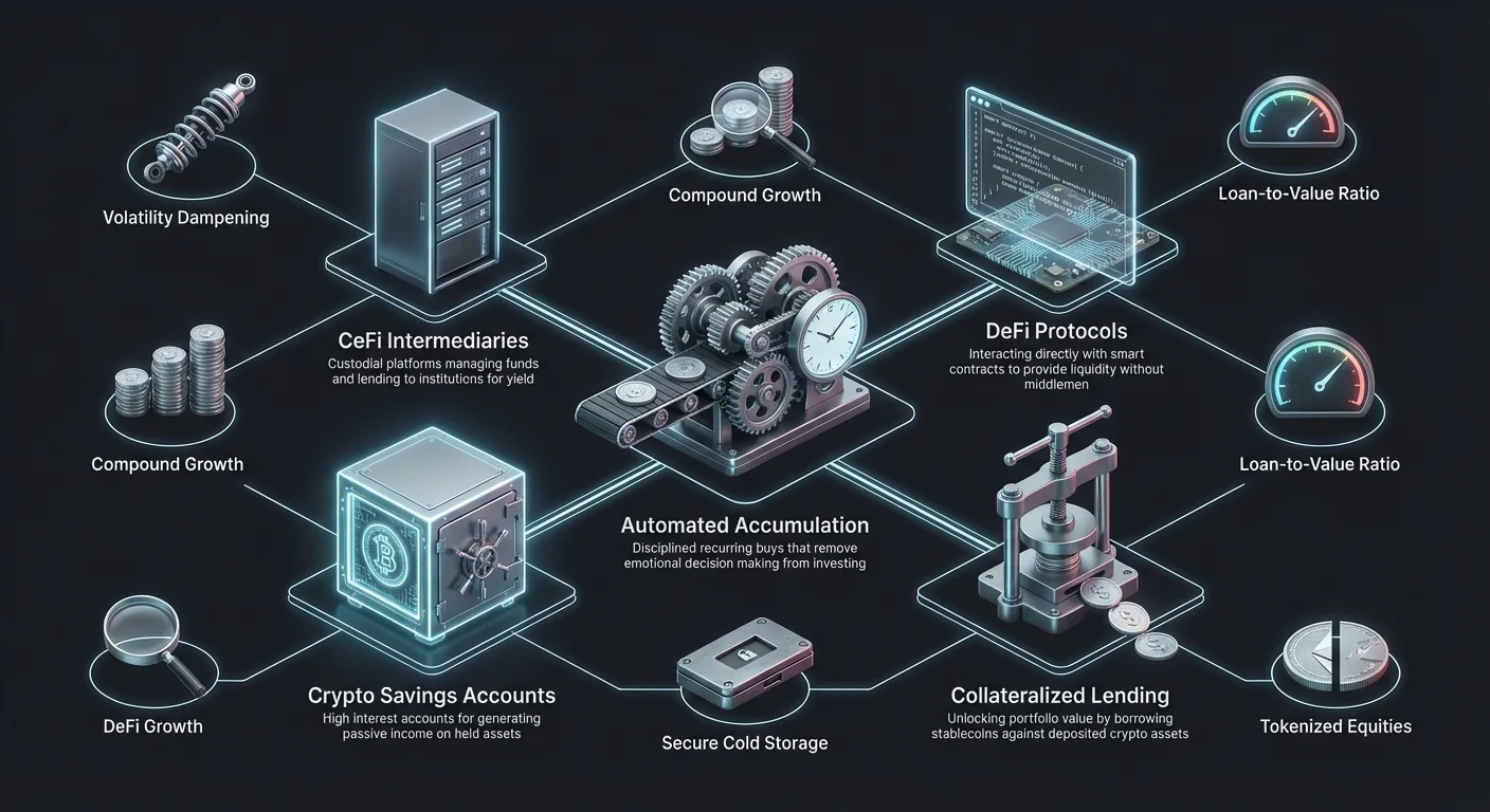 Hub-and-spoke infographic of tax-efficient crypto investing ecosystem: automated accumulation hub links to savings accounts, collateralized lending, CeFi/DeFi protocols, cold storage, and metrics like LTV.