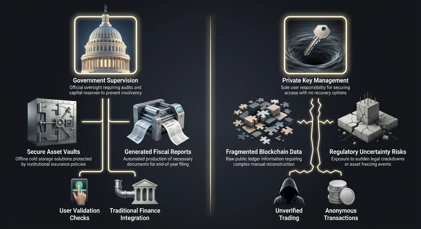 Infographic comparing compliant centralized crypto exchanges with non-compliant decentralized platforms, showing differences in supervision, security, tax reports, and risks.