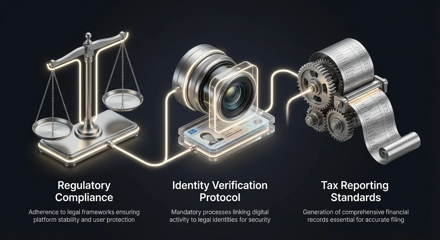 Infographic overview of three foundational pillars for compliant crypto exchanges: regulatory compliance, identity verification protocols, and tax reporting standards.
